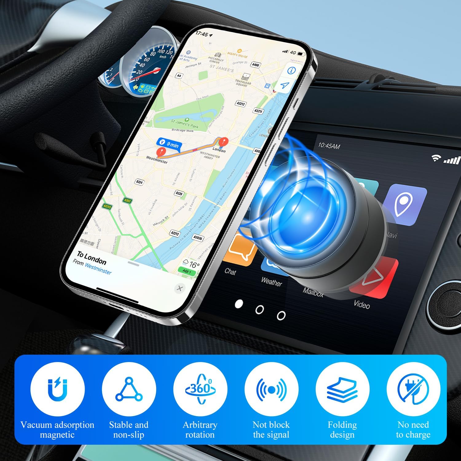 SUNTAP Adjustable Magnetic Lock-Suction Phone Holder for Car, Gym & Mirror - Compatible with iPhone 16/15/14/13/12 (Black)